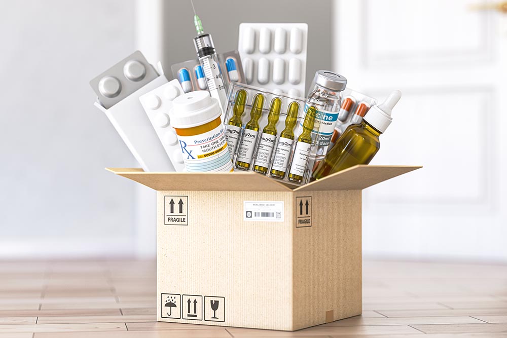 Open cardboard box with medicines and healthcare medication. Buying and delivery medications concept. 3d illustration
